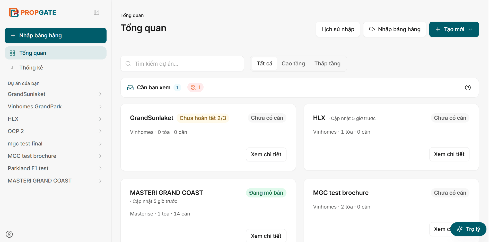 Màn hình giỏ hàng dự án trên Propgate
